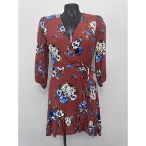 Brown Floral Faux Wrap Dress Sz XS Ruffle Knee Length Coquette Cottage Boho